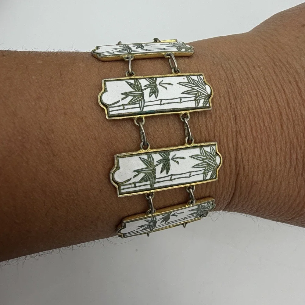 Vintage Japanese Satsuma Bamboo Bracelet Inlay Link Panel Security Chain Read
